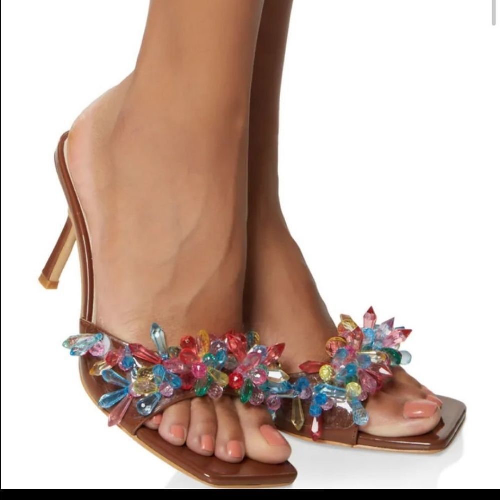 BRAND NEW ROUGE HELUIM CHUNKY RHINESTONES KITTEN HEEL WOMEN"S SLIP-ON SANDAL